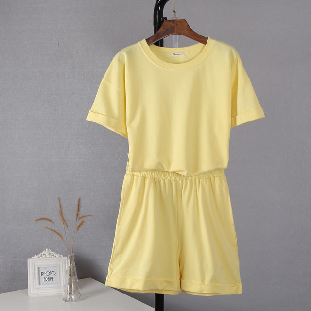Women’s Summer Two Piece Set – Casual Cotton T-Shirt and Shorts