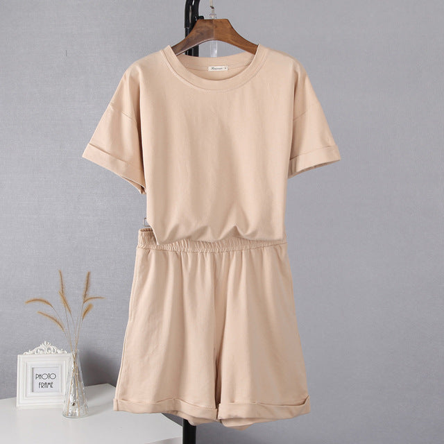 Women’s Summer Two Piece Set – Casual Cotton T-Shirt and Shorts