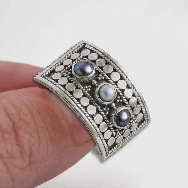 Geometric Ring with Carved Pearl and Three Stones