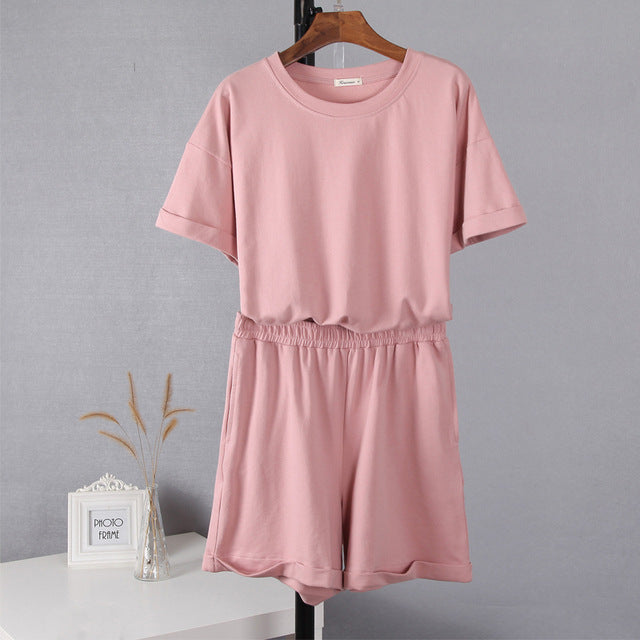 Women’s Summer Two Piece Set – Casual Cotton T-Shirt and Shorts