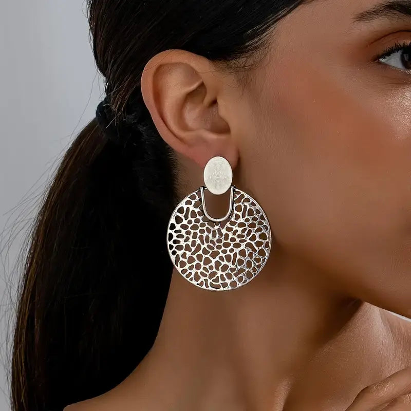 Silver-plated round hollow mandala earrings