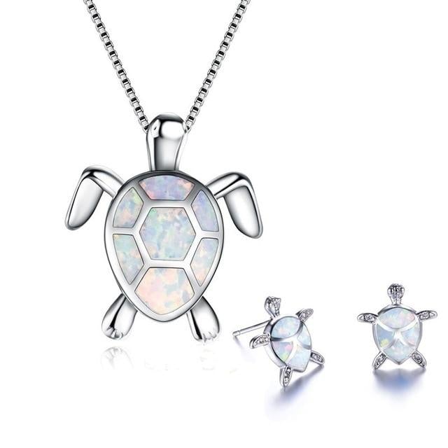 Set of necklace and earrings with opal sea turtles