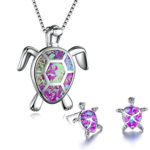 Set of necklace and earrings with opal sea turtles